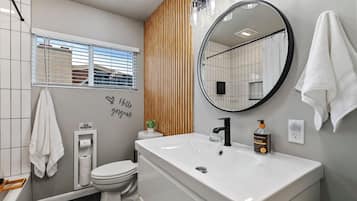 Eco-friendly toiletries, hair dryer, towels, soap