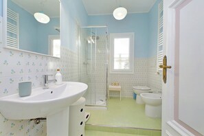 Shower, hair dryer, bidet, towels