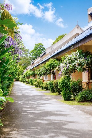 A pathway lined with traditional buildings, lush greenery, and hanging purple flowers. - Chalet De Palm Resort Hatyai (Hat Yai)