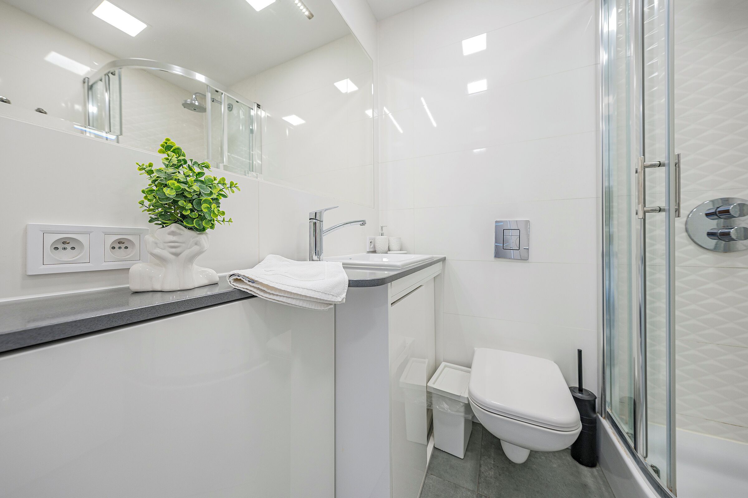 A modern bathroom with a glass shower enclosure, a white sink, and a toilet.