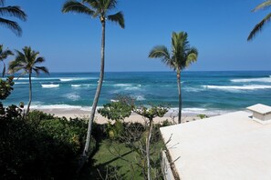 On the beach, sun-loungers, beach towels