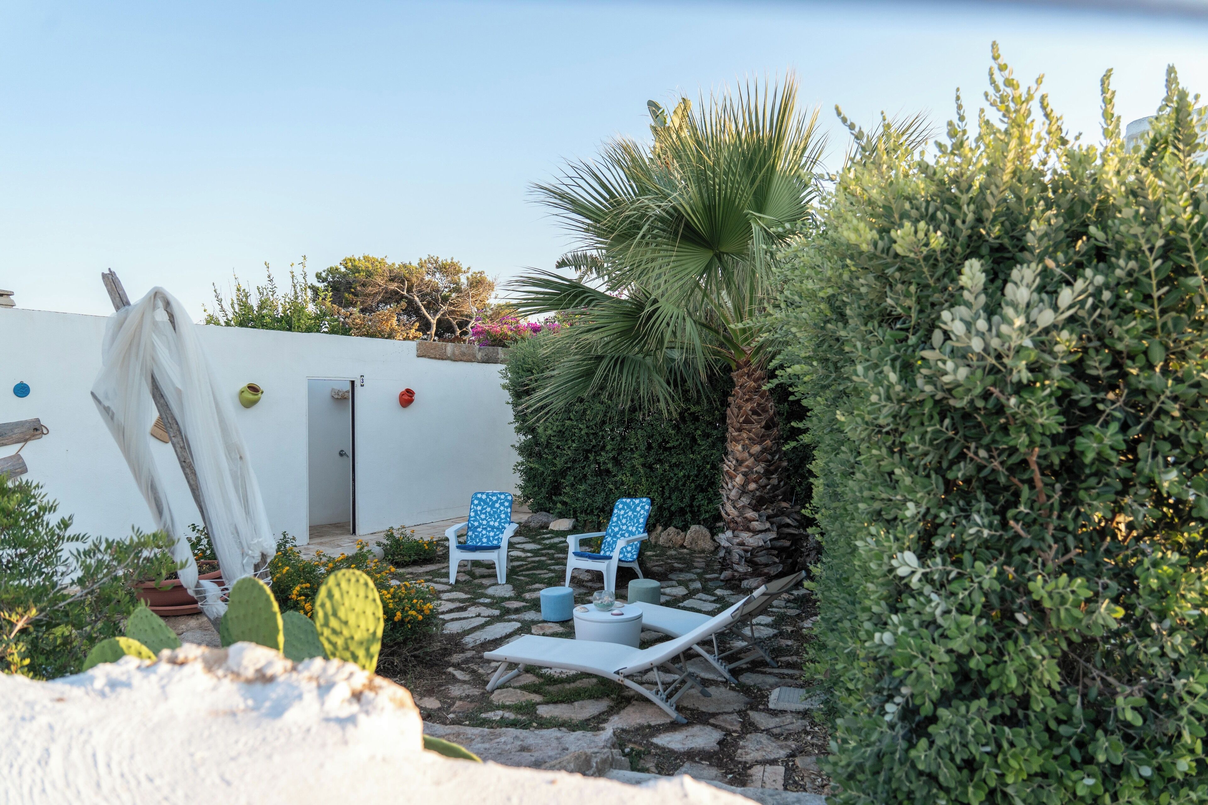 Un patio con dos sillones azules y blancos, una mesita y una maceta con un cactus.