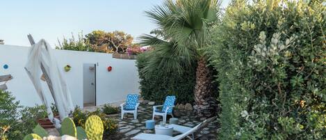 Un patio con dos sillones azules y blancos, una mesita y una maceta con un cactus.