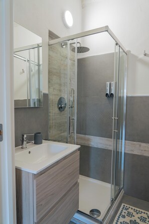 Shower, hair dryer, bidet, towels