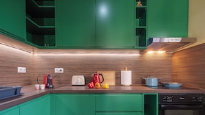 A modern kitchen with green cabinets, a wooden countertop, a toaster, a kettle, a rice cooker, and a stove.