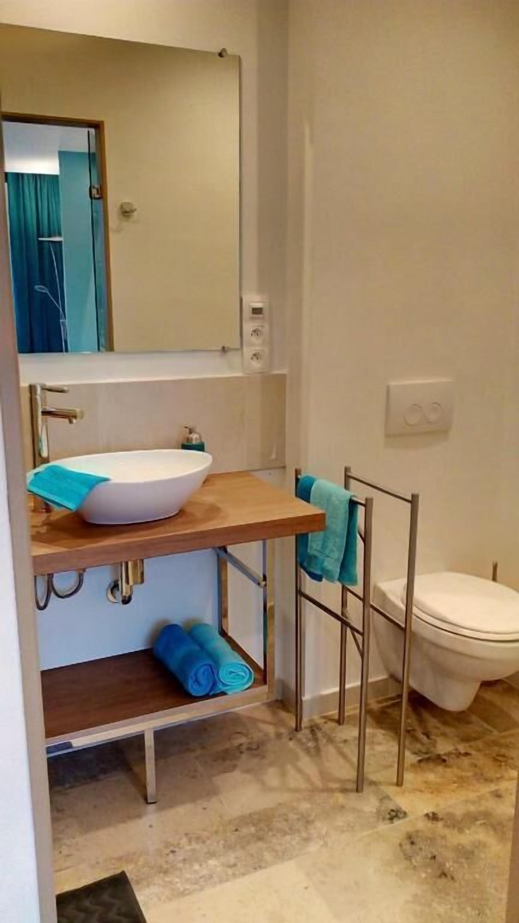 A bathroom with a white sink, a mirror, a towel rack, and a toilet.