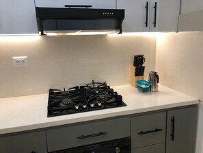 Fridge, oven, coffee/tea maker, toaster