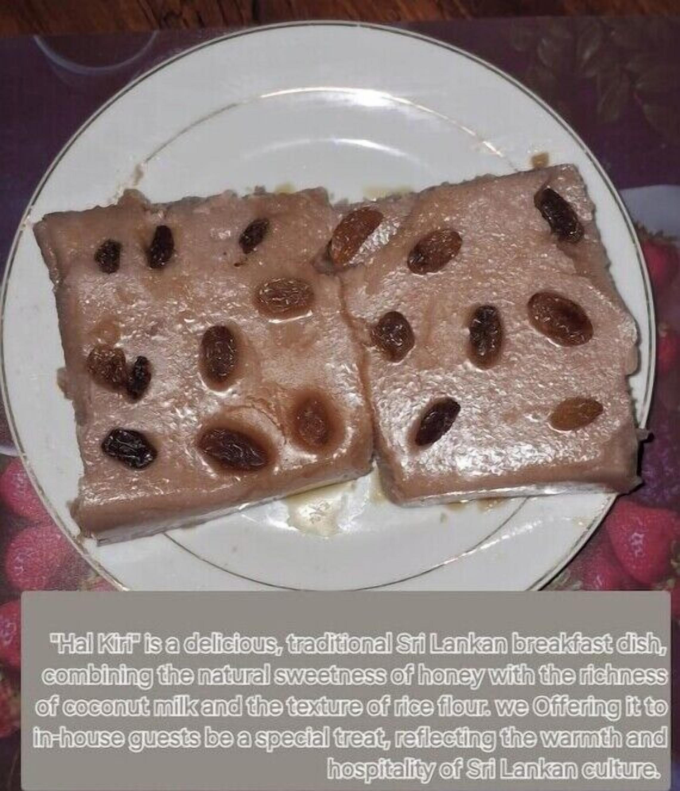 A plate with a traditional Sri Lankan breakfast dish called Hal Kit, featuring honey, coconut milk, and rice flour.