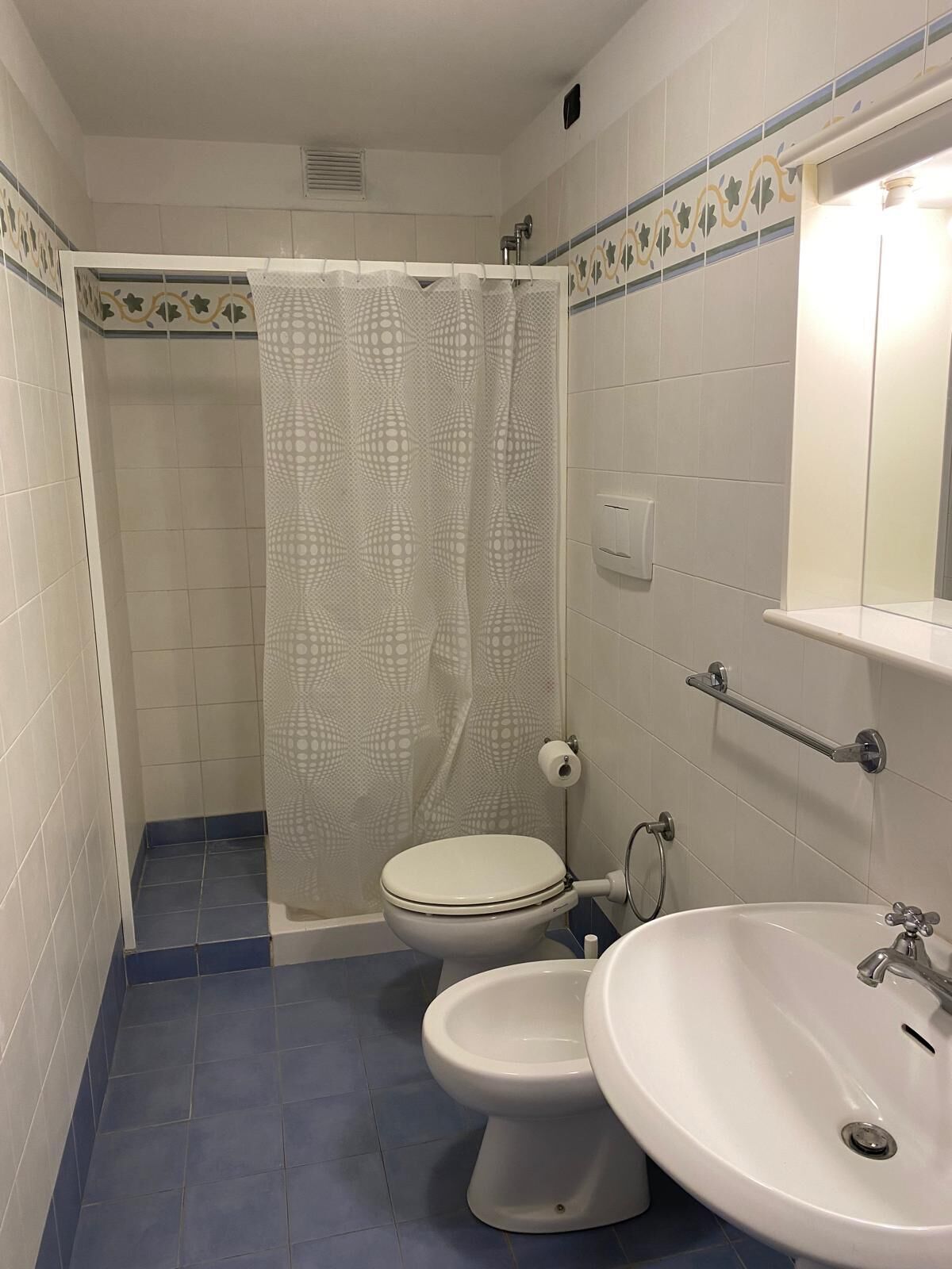 Ein kleines Badezimmer mit Toilette, Waschbecken und Duschvorhang.