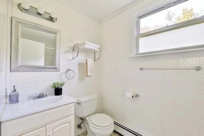 Hair dryer, towels, soap, toilet paper
