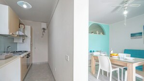 A modern kitchen with a stove, sink, and overhead ventilation. - Riva Di Mare Apartment With Balcony Near The Sea (Porto Cesareo)