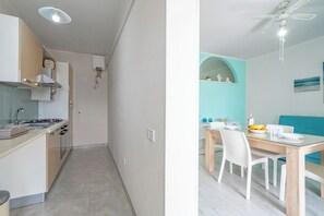 A modern kitchen with a stove, sink, and overhead ventilation. - Riva Di Mare Apartment With Balcony Near The Sea (Porto Cesareo)