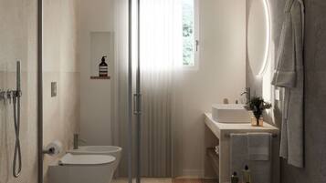 Dusche, Haartrockner, Bidet, Handtücher