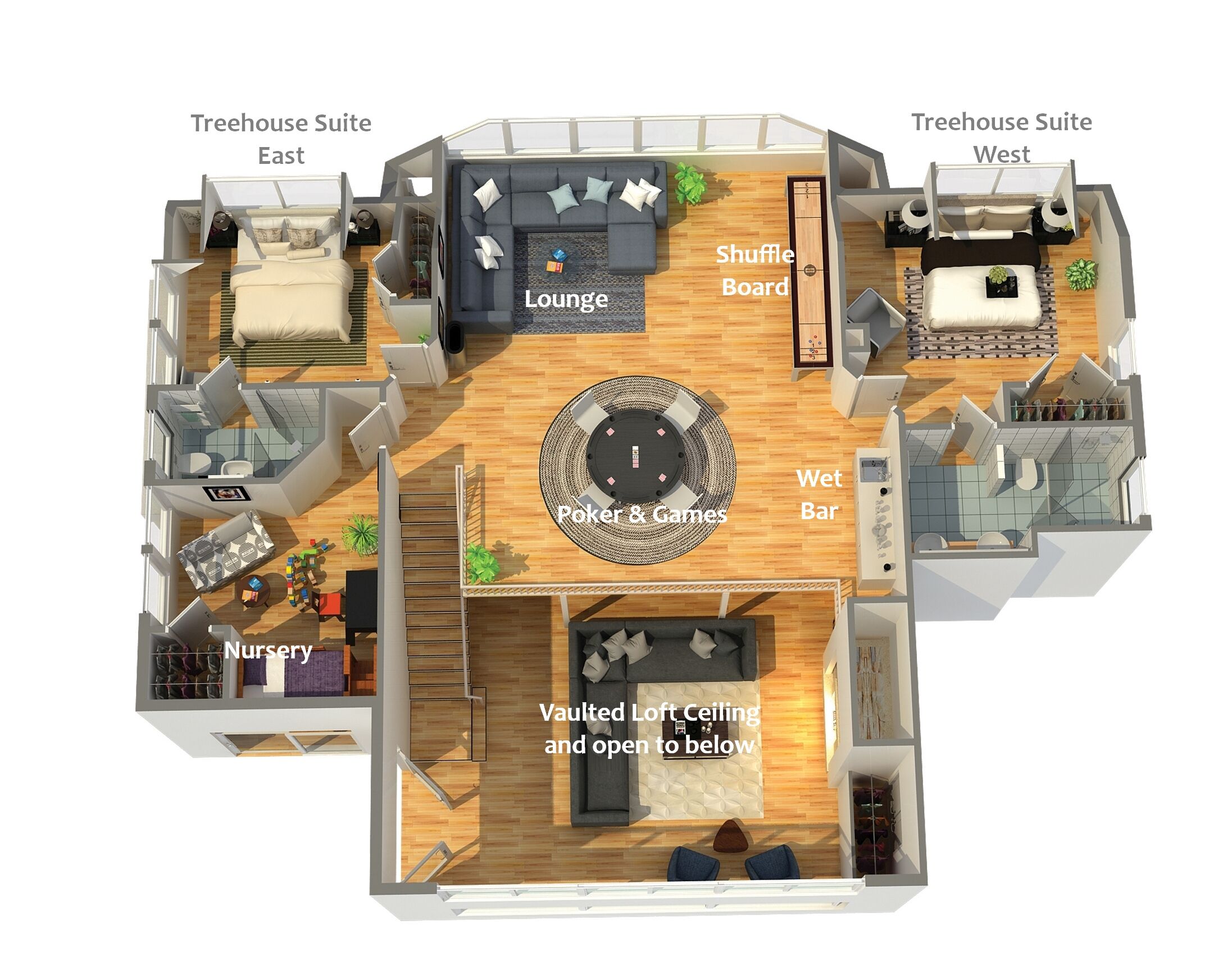 Een plattegrond van een lodge met een bovenverdieping en zolder, inclusief een lounge, ruimte voor poker en spelletjes, een natte bar, kinderkamer en twee boomhut suites.