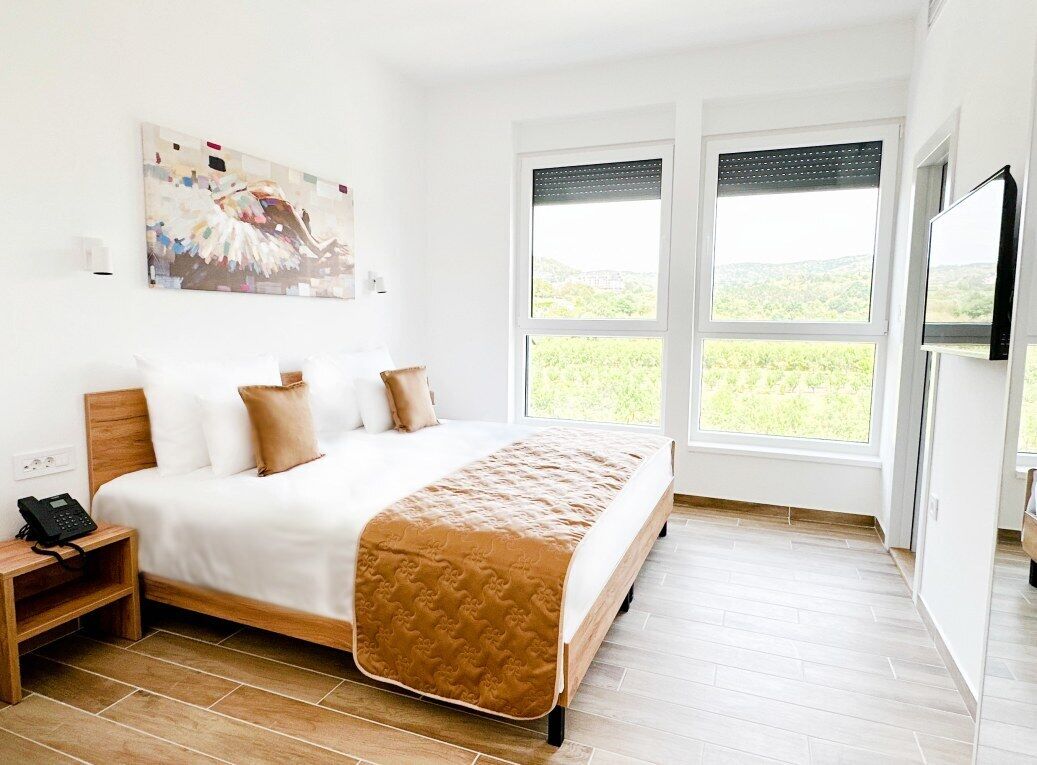 A hotel room with a bed, a nightstand, a painting, a TV, and a window with a view.