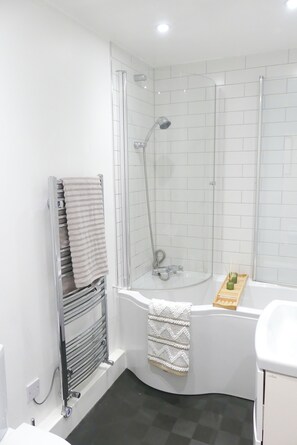 Shower, hair dryer, towels, toilet paper