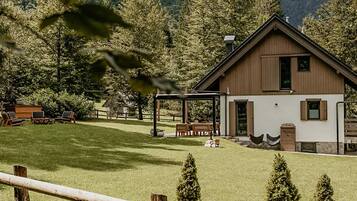 Ein modernes Haus mit geneigtem Dach, umgeben von einem gepflegten Rasen und einem Holzzaun.