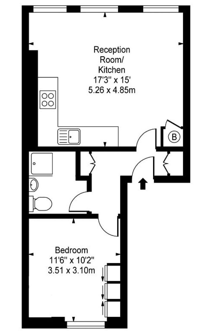 Grundriss mit Empfangsbereich/Küche (Maße: 5,23 m x 4,57 m) und einem Schlafzimmer (Maße: 3,48 m x 3,05 m).