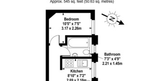 A floor plan of a hotel with a bedroom, bathroom, kitchen, dining room, and reception area. - Stairway To Heaven - Fitzrovia - by Frankie Says (London)