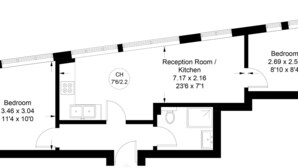 A floor plan of a hotel room with a bedroom measuring 3.46 x 3.04 m, a reception room/kitchen measuring 7.17 x 2.16 m, and a bathroom measuring 7'6" x 2.2 m. - Sweet Dreams - Farringdon - by Frankie Says (London)