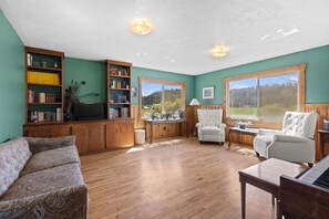 Smart TV, fireplace, DVD player, books