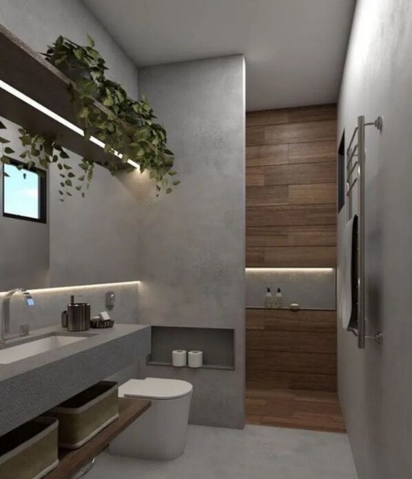 Secadora de cabello, toallas, papel de baño