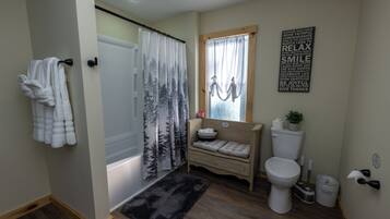 Hair dryer, towels, soap, shampoo
