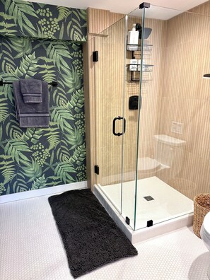 Hair dryer, towels, soap, toilet paper