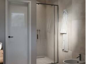 Shower, hair dryer, bidet, towels