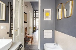 Shower, hair dryer, bidet, towels