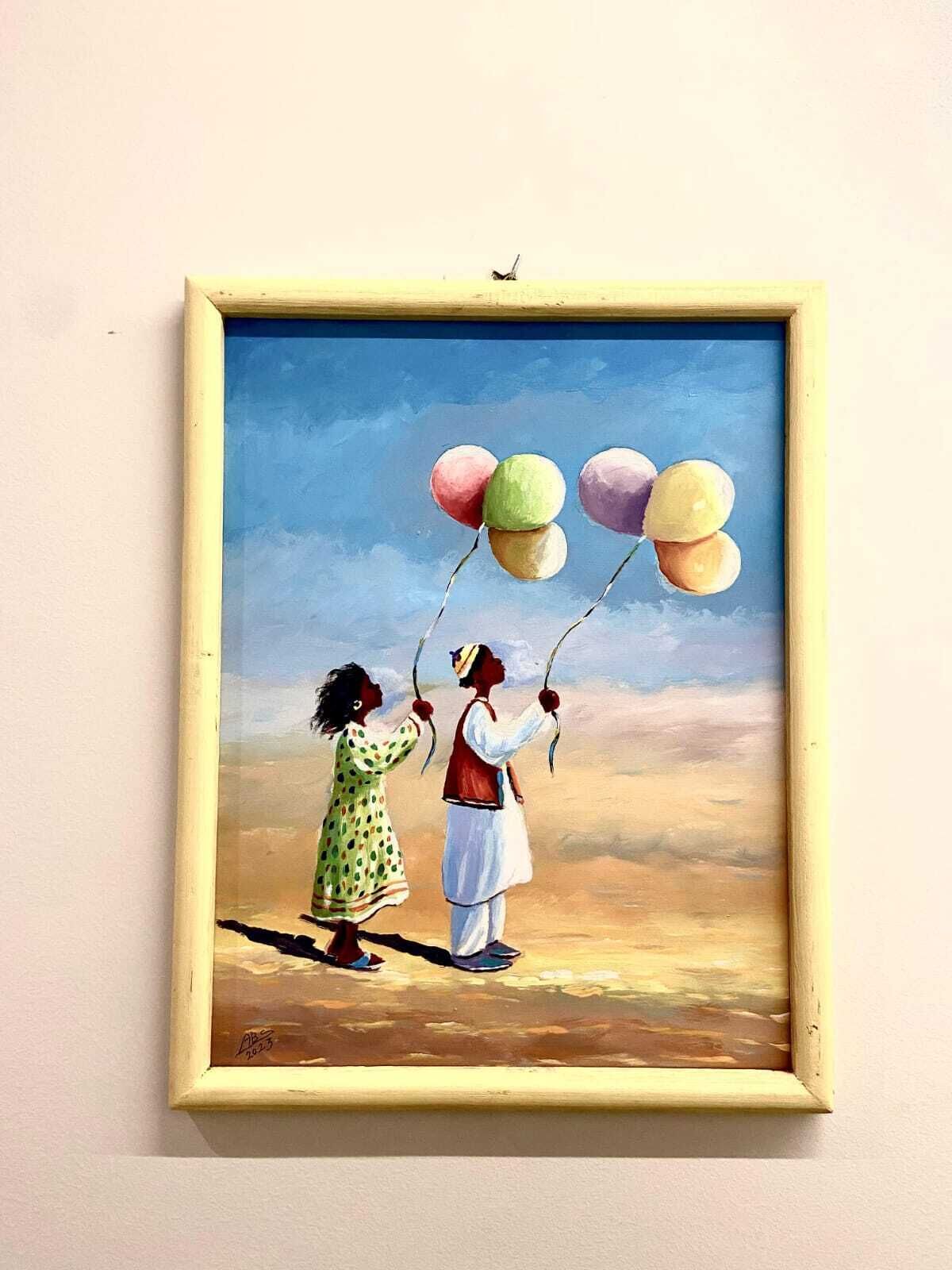 A framed painting of two children holding balloons against a clear sky.