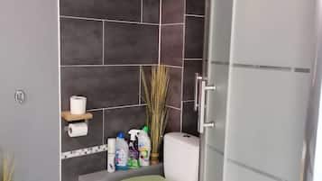 Regadera, secadora de cabello, papel de baño