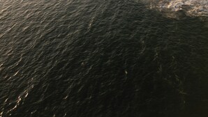 Oversigtsbillede af et kystområde med strand, bølger og fjerne bjerge.