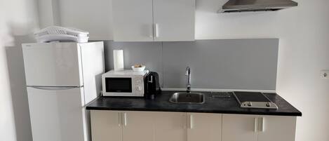 A compact kitchen with a refrigerator, microwave, coffee maker, and a sink.