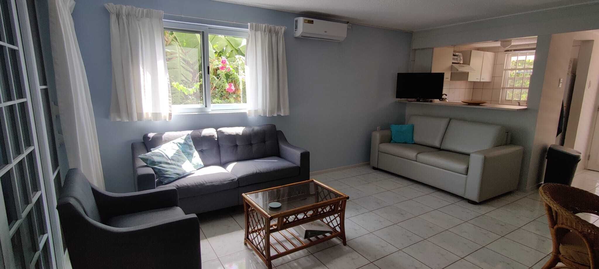 A living room with a grey sofa, a glass coffee table, and a TV on a stand.