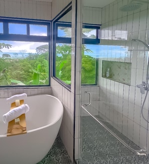 Shower, hair dryer, towels, soap
