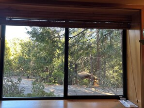 A room with a large sliding glass door leading to a forested area.