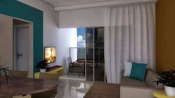 Apartamento família, varanda coberta, vista para a piscina | Área de estar | Brinquedos