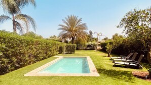 A rectangular swimming pool surrounded by well-maintained grass, palm trees, and a row of sun loungers. - Villa Eden L'Orangeraie Dyar Shemsi Agadir (Taroudant)