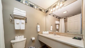 Une salle de bain avec des toilettes, un lavabo et un miroir. Il y a des serviettes sur un porte-serviettes et une poubelle.