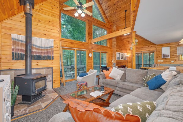 Smart TV, fireplace, video games, DVD player