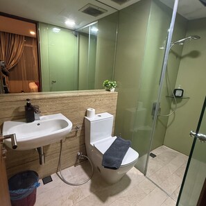 Chuveiro, secador de cabelo, bidê, toalhas de banho