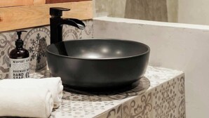 Une salle de bain moderne avec un lavabo noir, une étagère en bois et une plante en pot.