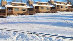 Una hilera de cabañas de madera con balcones, ubicadas en una pendiente nevada.