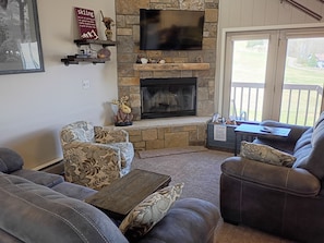 Smart TV, fireplace, DVD player, books