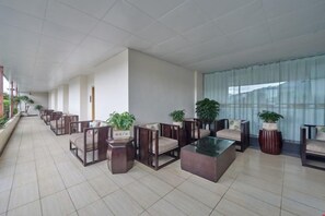 A spacious indoor area with rows of seating, potted plants, and a large window.