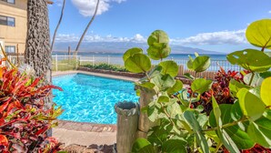 A pool area with a view of the ocean, surrounded by tropical plants and a fence. - Suite Maui Paradise Condo (Wailuku)