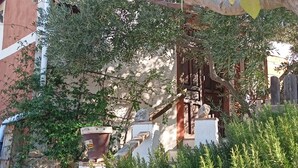 Un escalier en pierre mène à une porte en bois, qui est elle-même entourée d’une végétation luxuriante et d’un mur de pierre rustique.