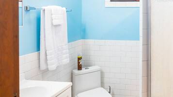 Shower, hair dryer, towels, soap