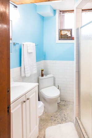 Un baño con una decoración azul y blanca, un inodoro, un lavamanos y una zona de ducha.